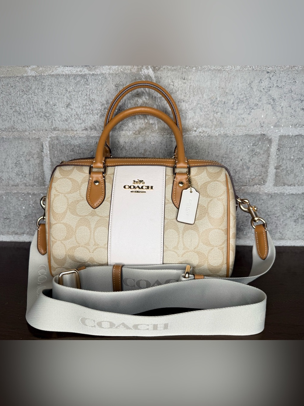 Coach Two-Tone Signature Satchel in Tan and Cream